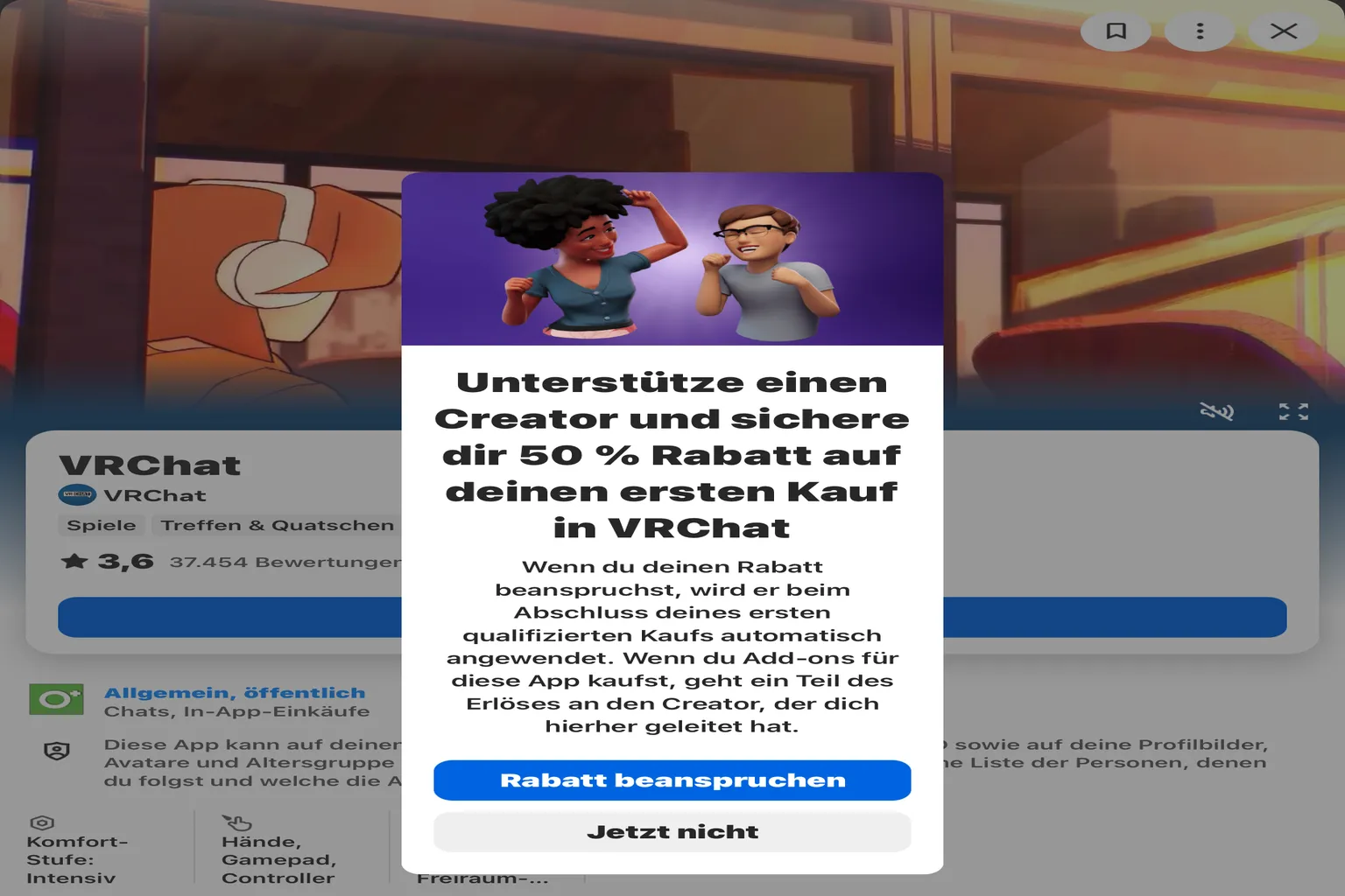 Meta Quest Creator-Angebot für VRChat mit 50 % Rabatt auf den ersten qualifizierten In-App-Kauf