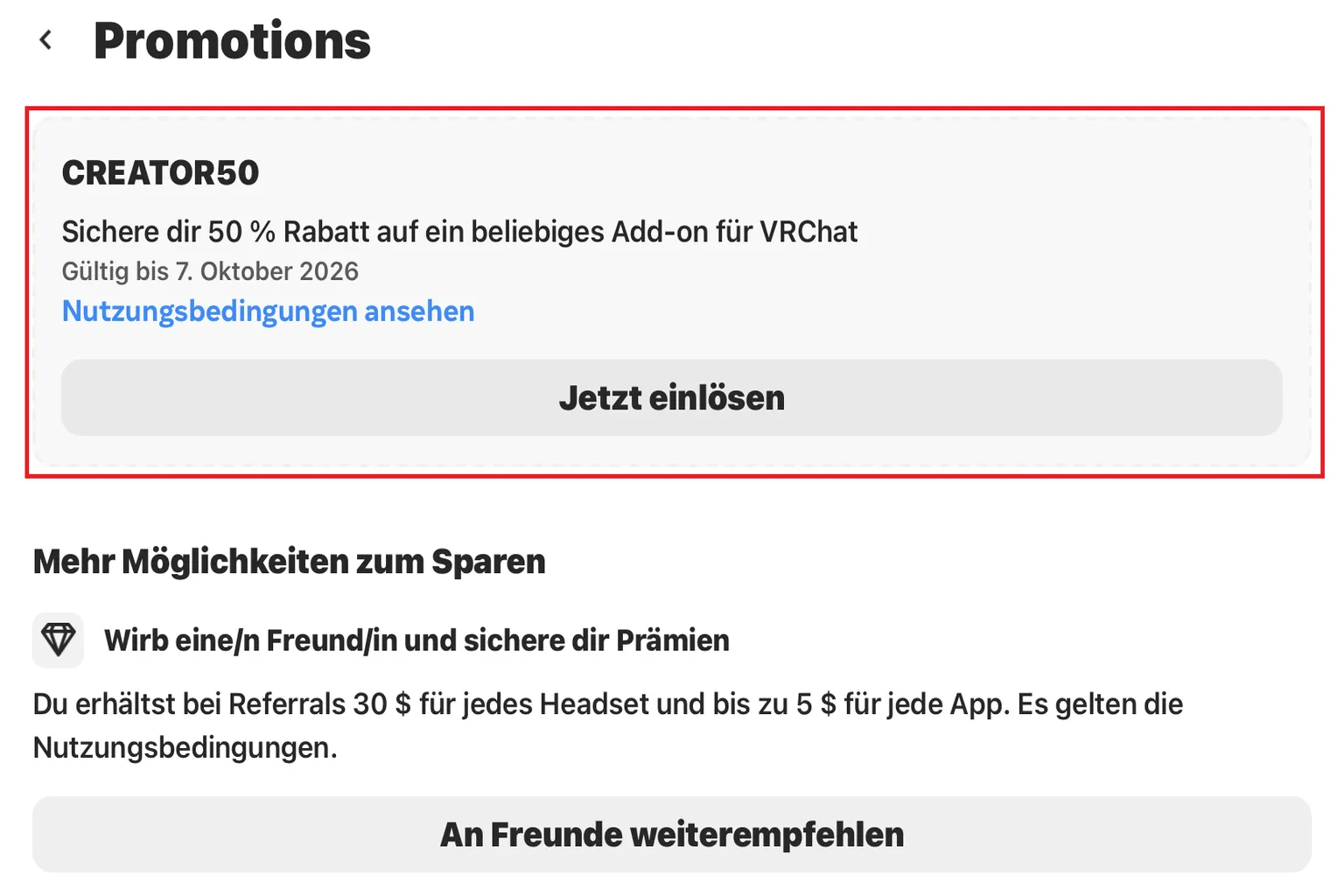 Meta-Promotionsseite mit dem CREATOR50-Angebot für 50 % Rabatt auf qualifizierte VRChat-Add-ons