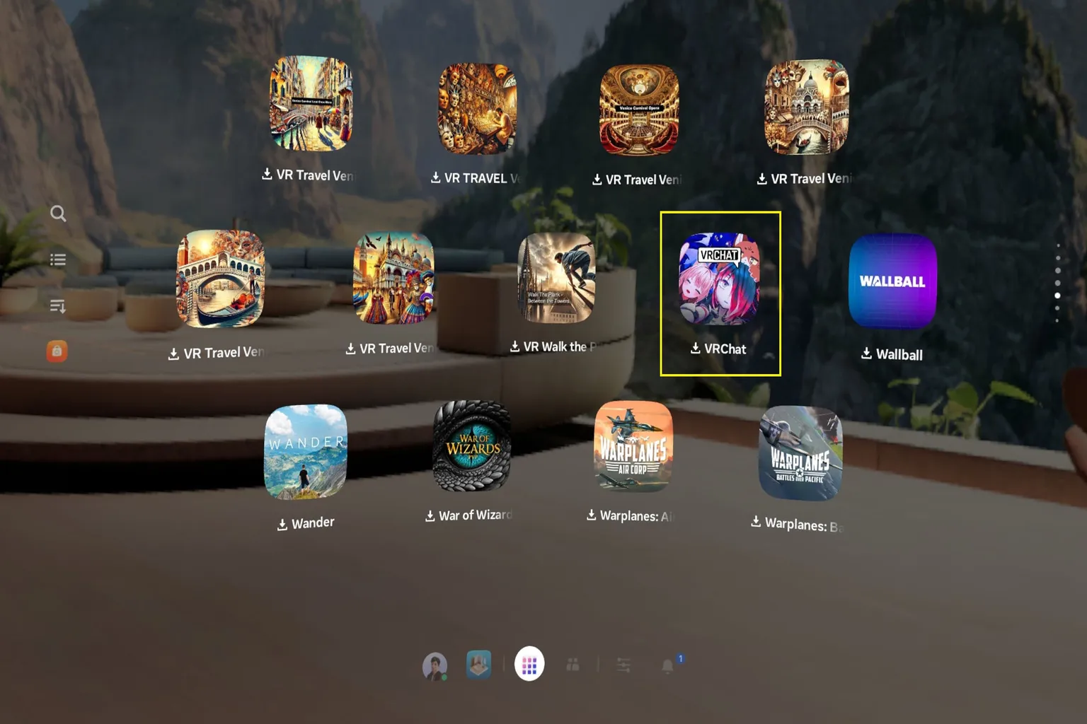 Meta Quest App-Bibliothek mit VRChat, das über App Sharing für ein zusätzliches Konto verfügbar ist