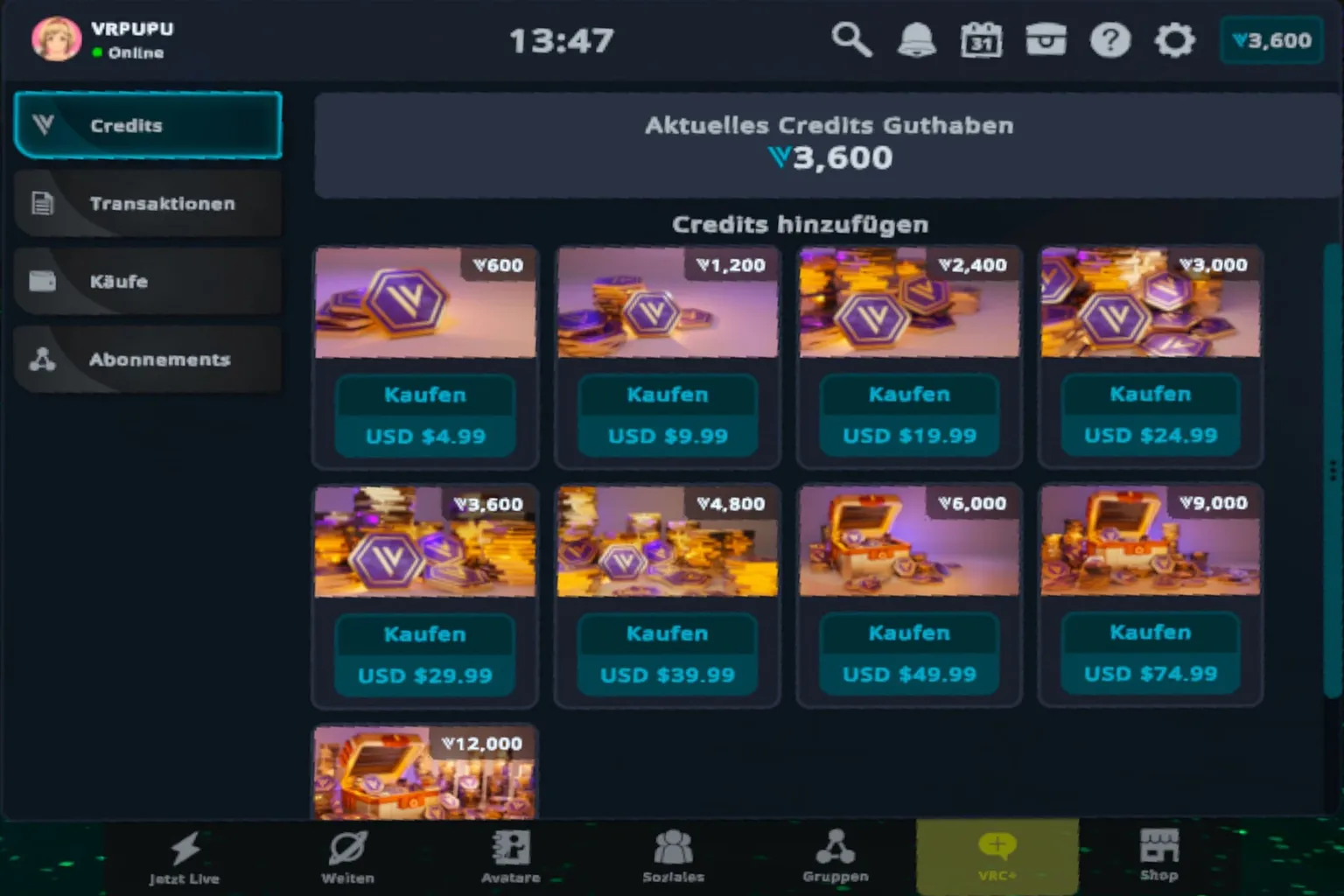 VRChat-Seite zum Kauf von Credits mit verschiedenen Credits-Paketen und Preisen in US-Dollar