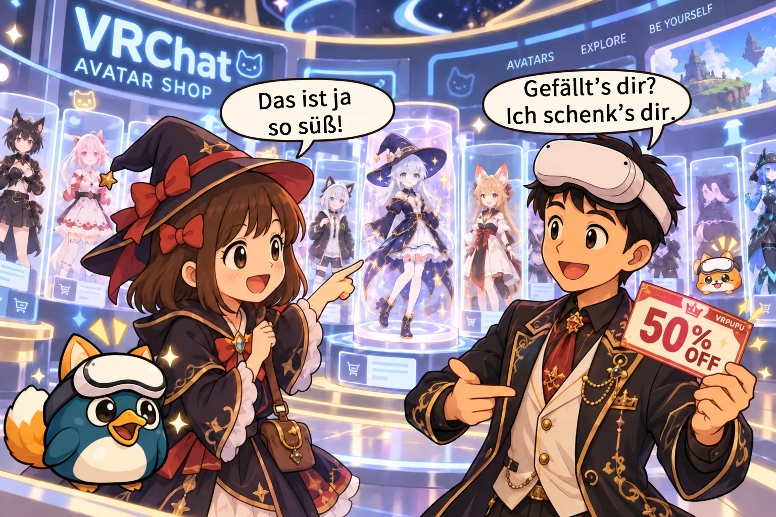 Gugu hält einen 50%-Rabattgutschein im VRChat Avatar Shop, während Mengmeng auf einen süßen Avatar zeigt und VRPUPU sowie VRMUMU daneben stehen.