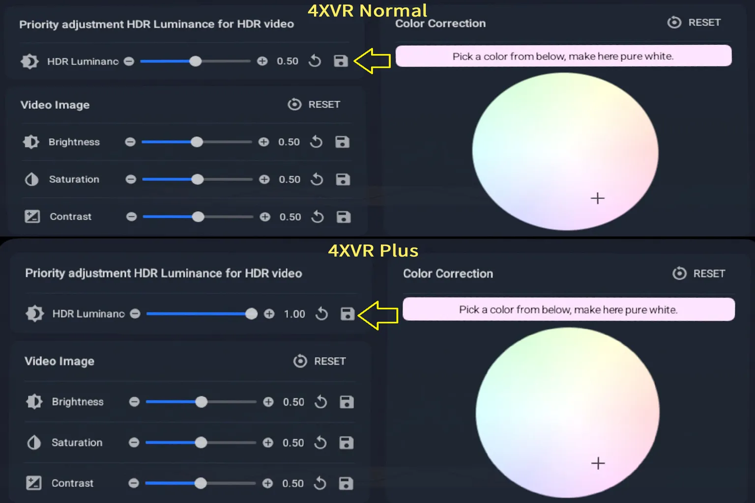 Comparison of HDR brightness settings between 4XVR Standard and Plus versions, showing Plus mode allowing brightness up to 1.0 while the standard version is limited to 0.5, with other image settings remaining the same.