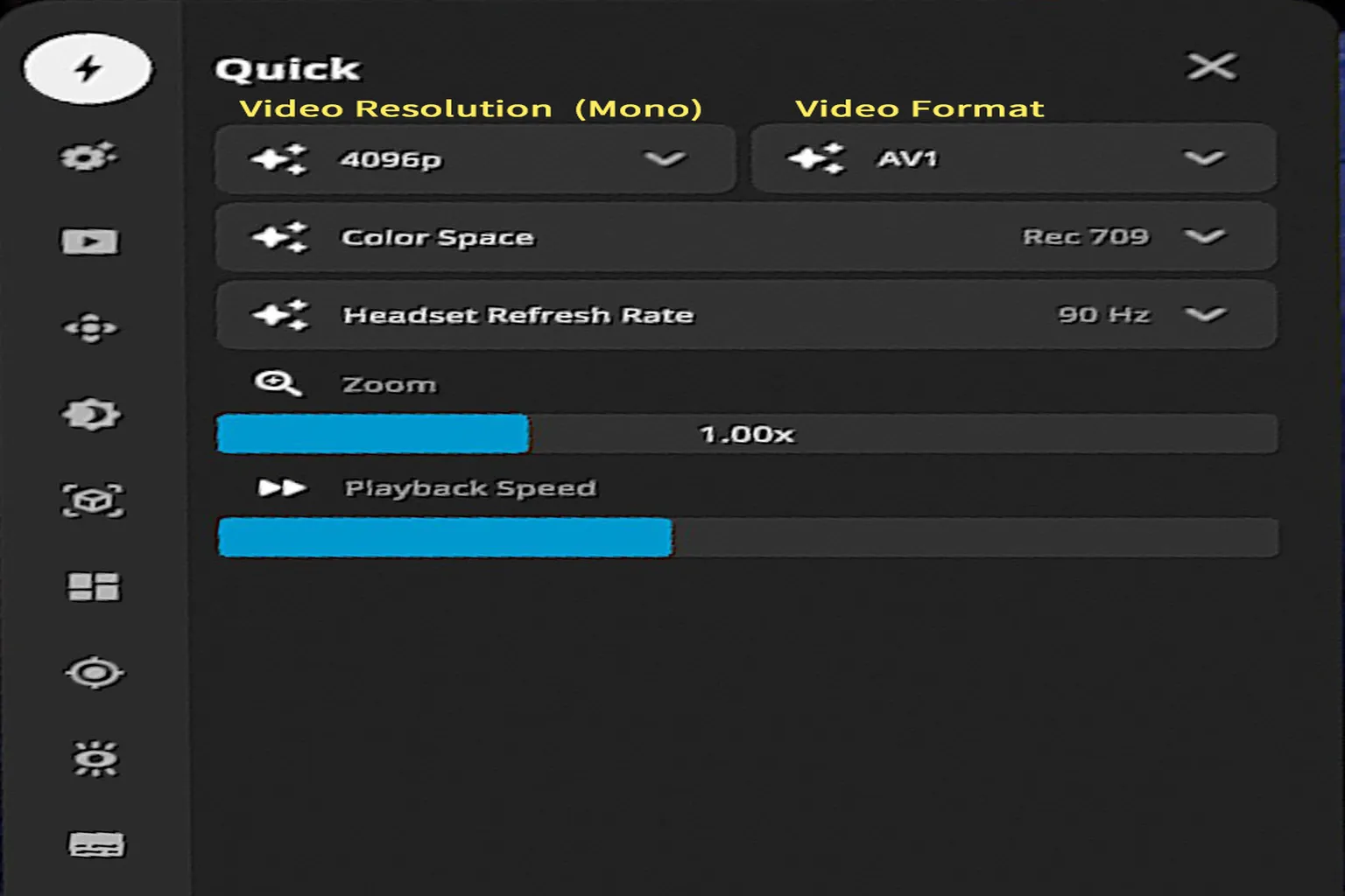 DEO VR quick settings menu, including video resolution, encoding format, color space, refresh rate, and playback speed options.