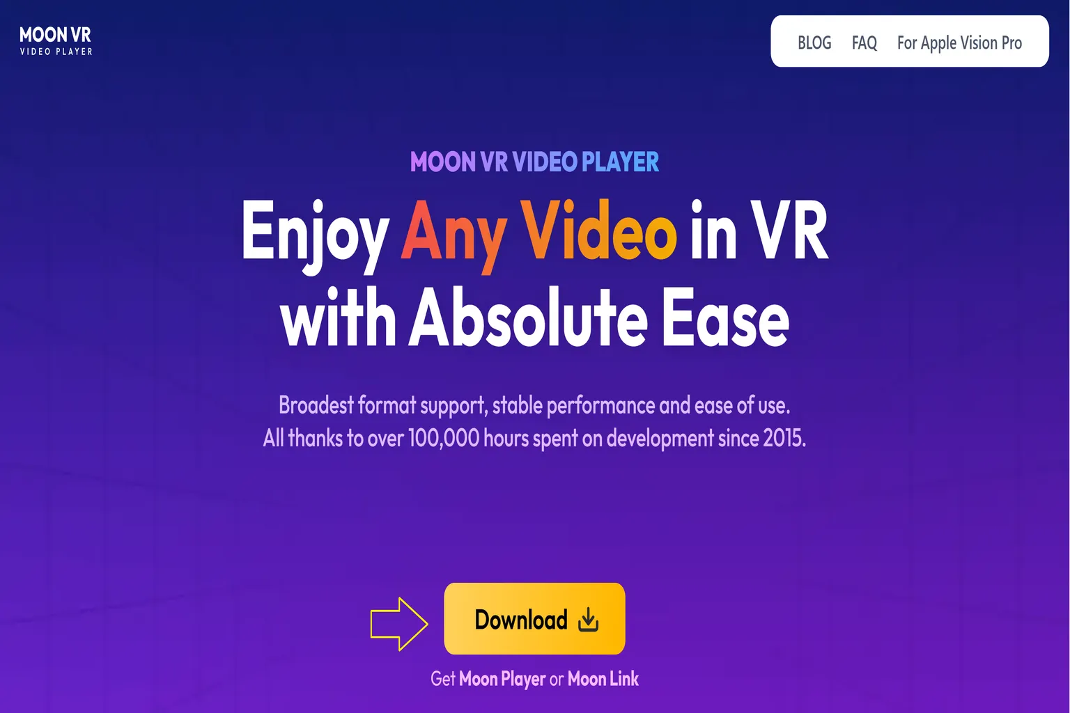 MOON VR official website homepage displaying a welcome message and download options for the VR player across multiple platforms