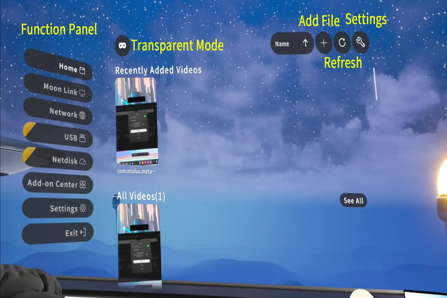MOON VR Player main screen showing an update notification, with new menu options added for local video scanning and cloud storage playback.