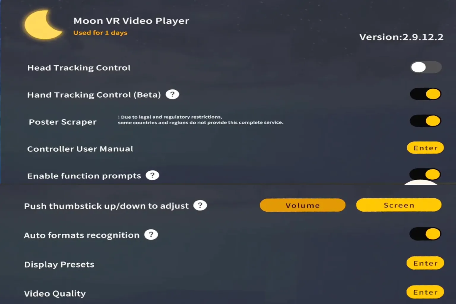 Moon VR Player settings screen showing options such as gesture controls, button hints, head control mode, automatic VR format detection, and image quality parameters.
