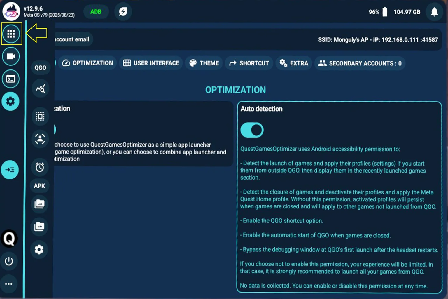 Quest Games Optimizer opening the optimization activation screen and explaining how automatic detection and app switching work.