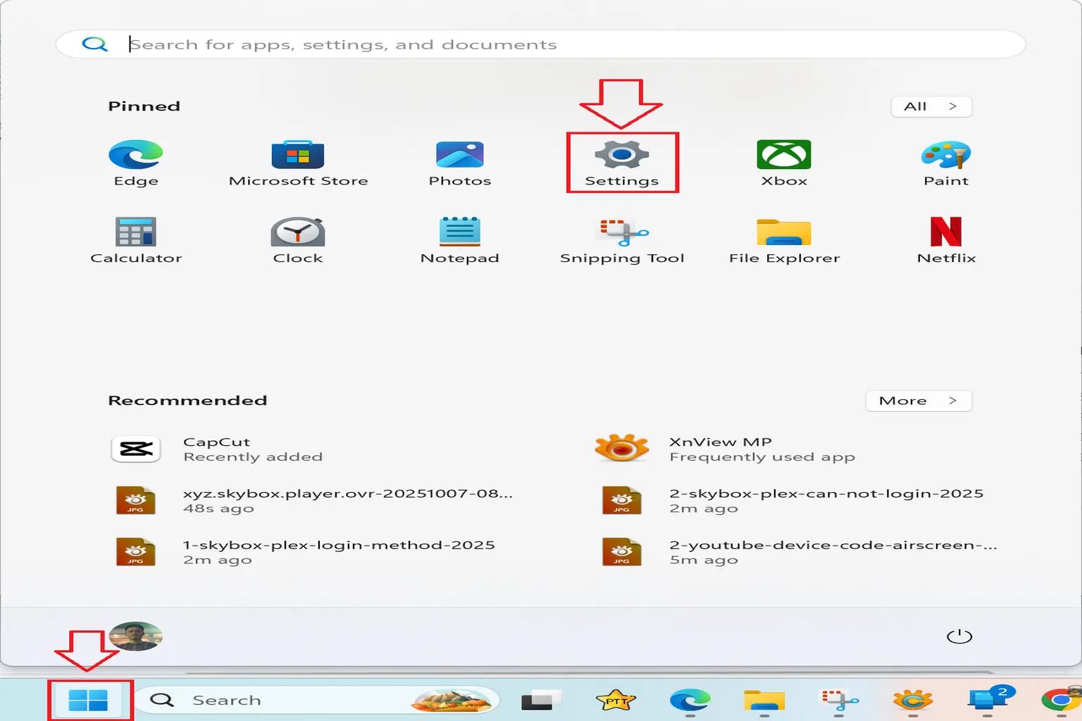 Clicking the Settings icon from the Windows 11 Start menu to begin configuring intranet sharing