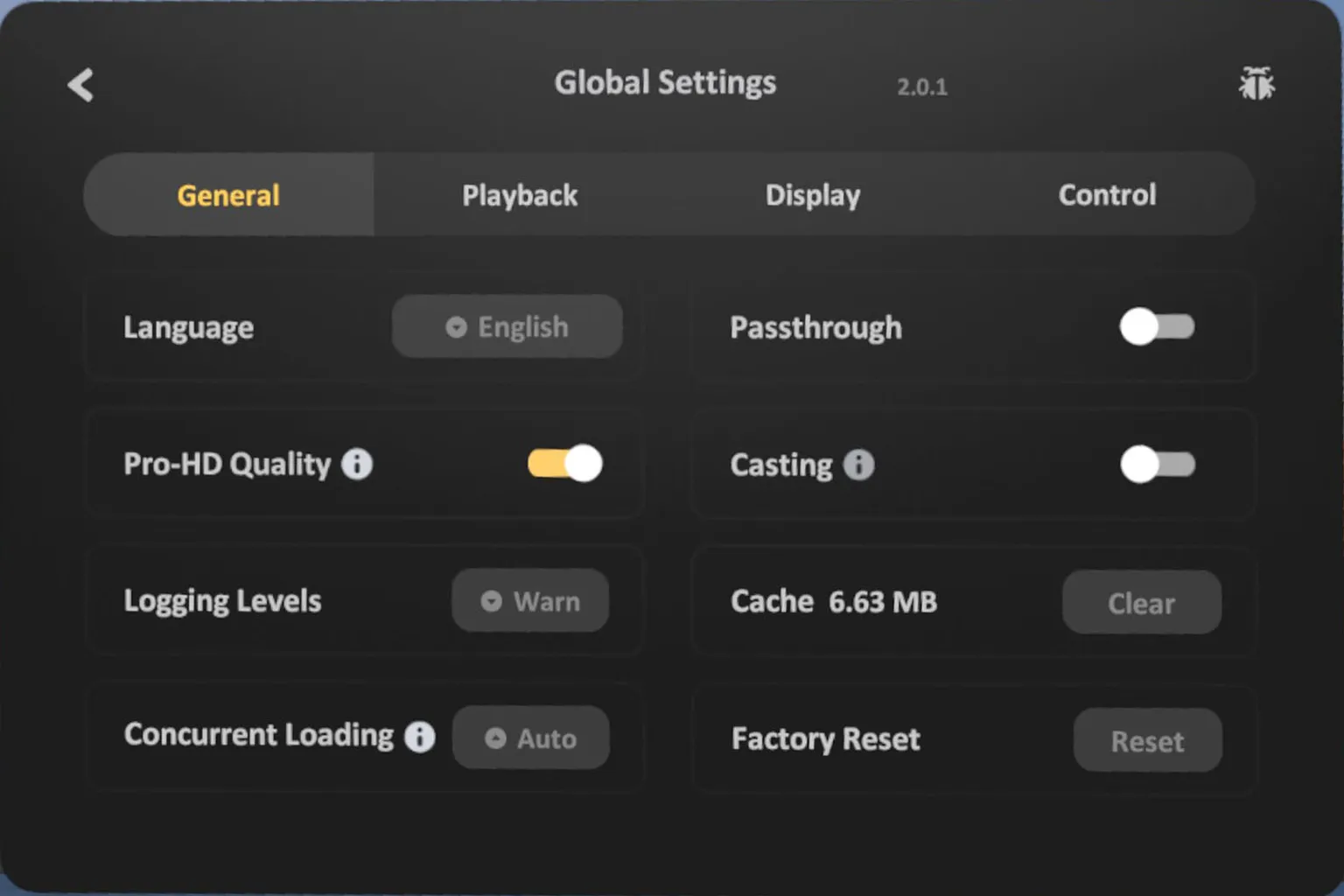 In SKYBOX’s Global Settings under the General tab, options for language, passthrough, casting, and clearing cache are available.