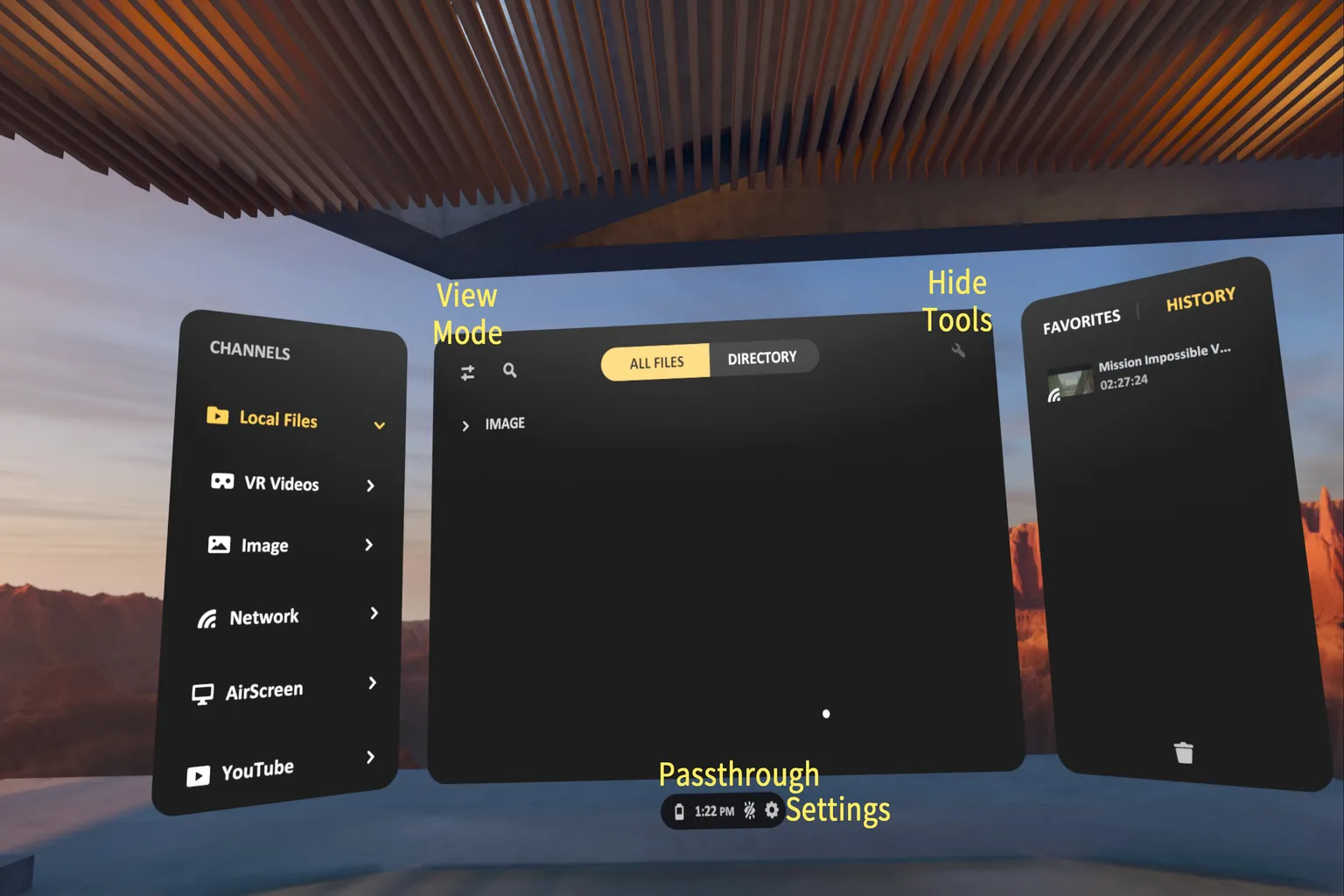 SKYBOX VR Player home screen with a left-side menu showing Local Files, AirScreen, YouTube, and other options, while the center panel displays version update information.