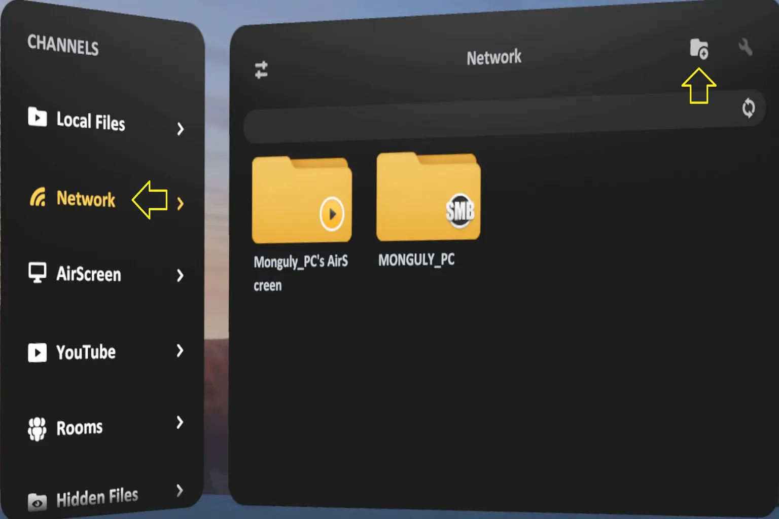 In the SKYBOX left-side menu, “Local Network” is highlighted. The screen shows options to add SMB and WebDAV sources, along with a list of recently played videos.