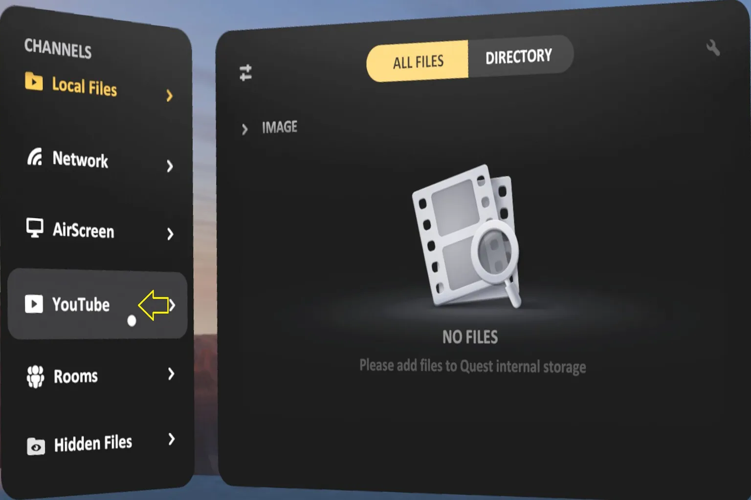 YouTube home screen inside a VR interface. YouTube is selected in the left channel list, recommended Home and VR video thumbnails are shown in the center, an account login icon appears in the top-right corner, and the right panel displays favorites and watch history.