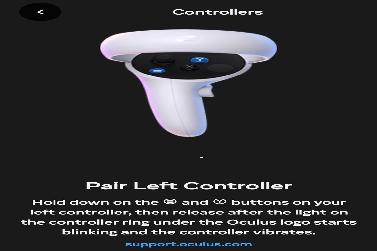 Left controller pairing screen showing the pairing animation and button instructions.