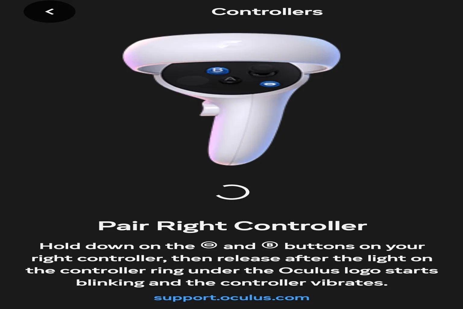 Right controller pairing screen with pairing animation and step-by-step instructions.
