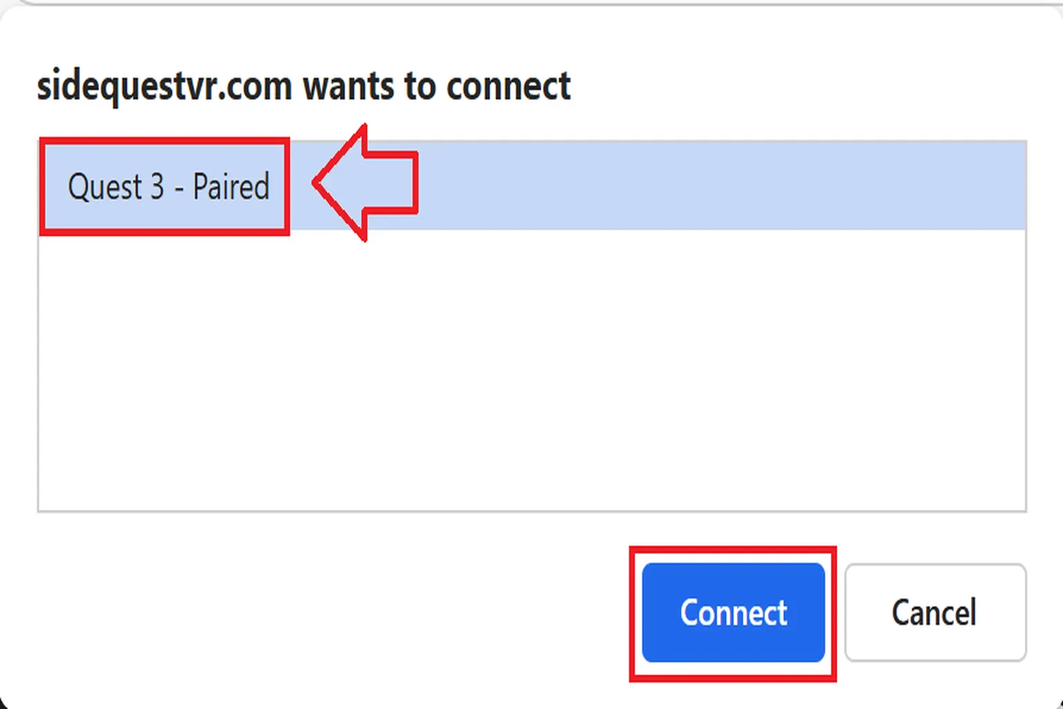 Connected devices menu showing “Quest 3” detected, with a connect button used to proceed with device authentication.