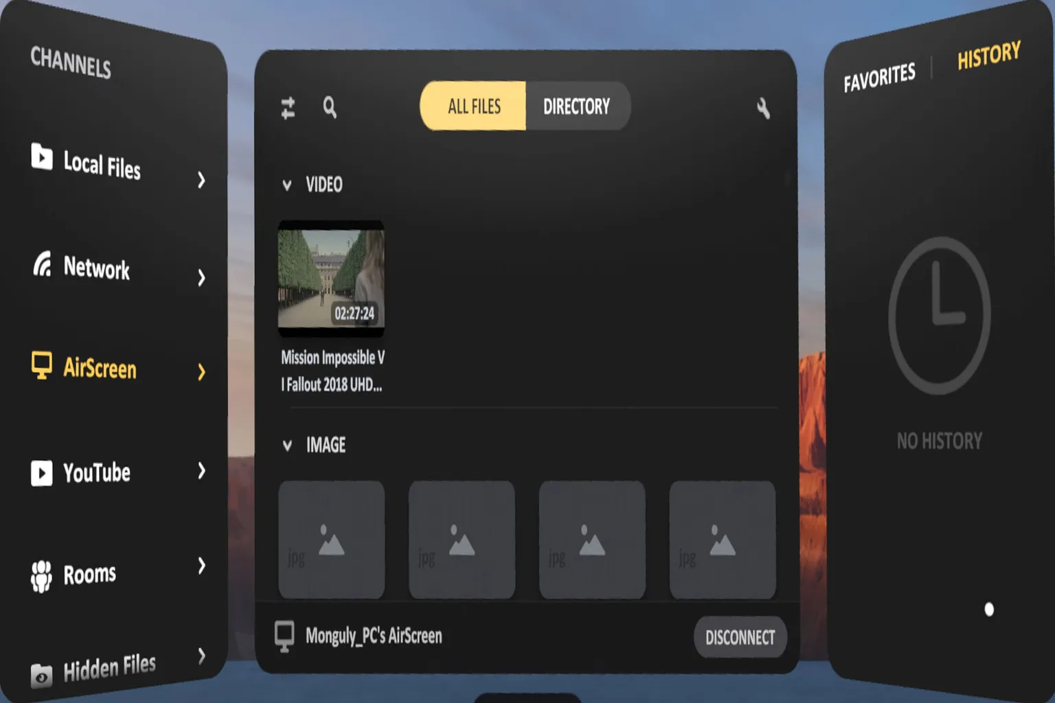 SKYBOX VR Player successfully connected to a PC, showing a file list for “Mission Impossible” ready for playback