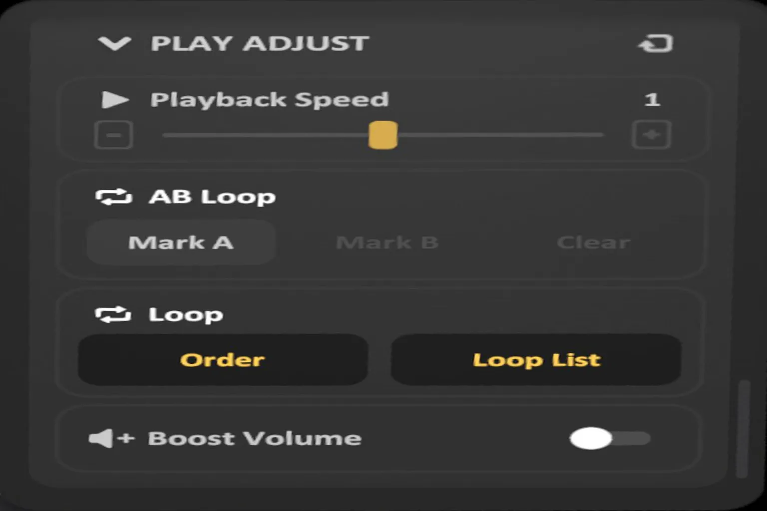 SKYBOX playback adjustment menu with playback speed controls and AB repeat function options.