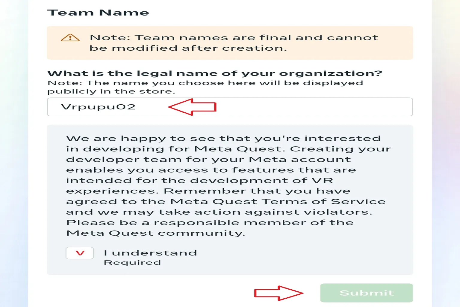 Enter a developer organization name and agree to the terms of service to prepare creating a developer account