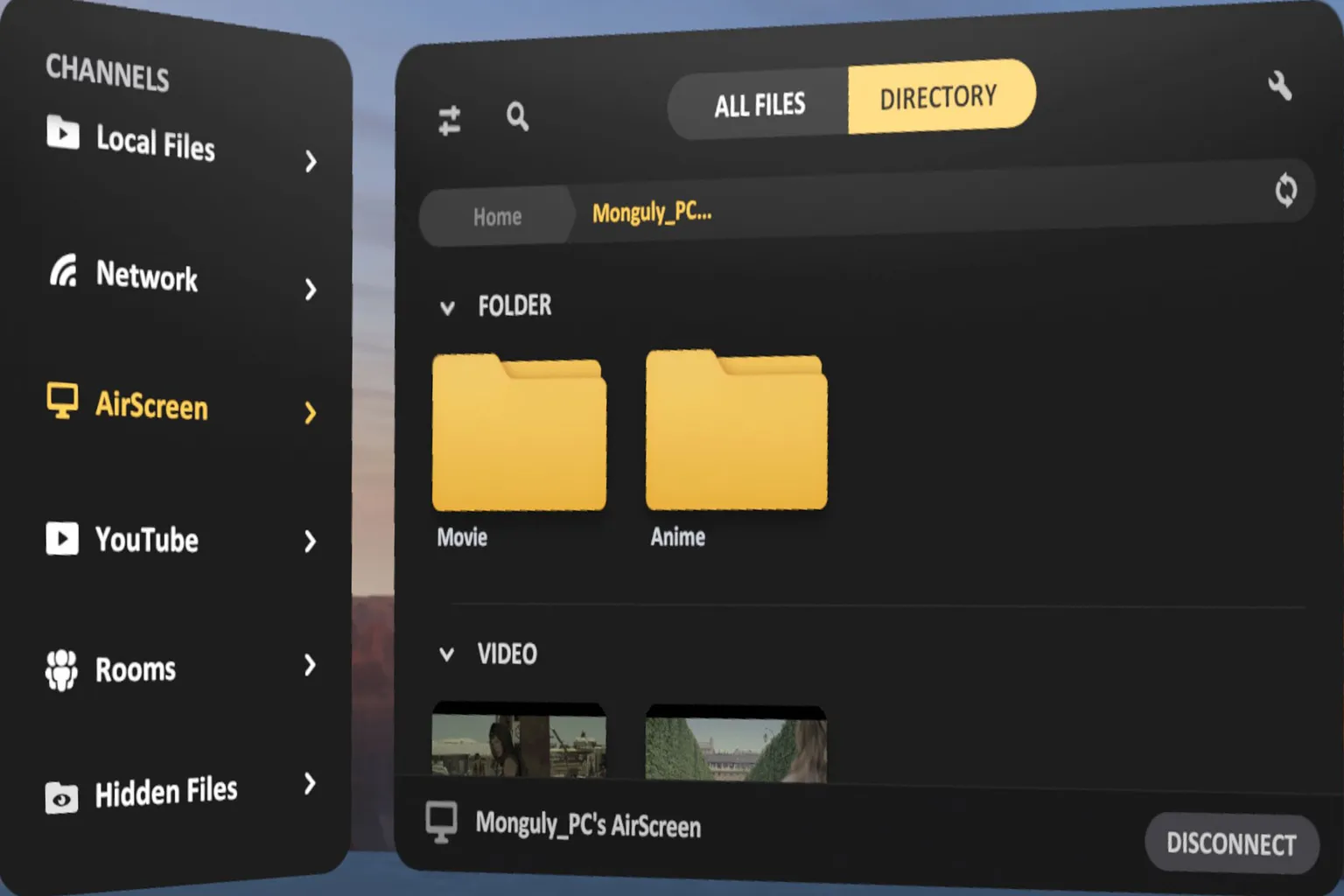 SKYBOX VR Player in AirScreen mode opening PC folders and displaying multiple movie categories