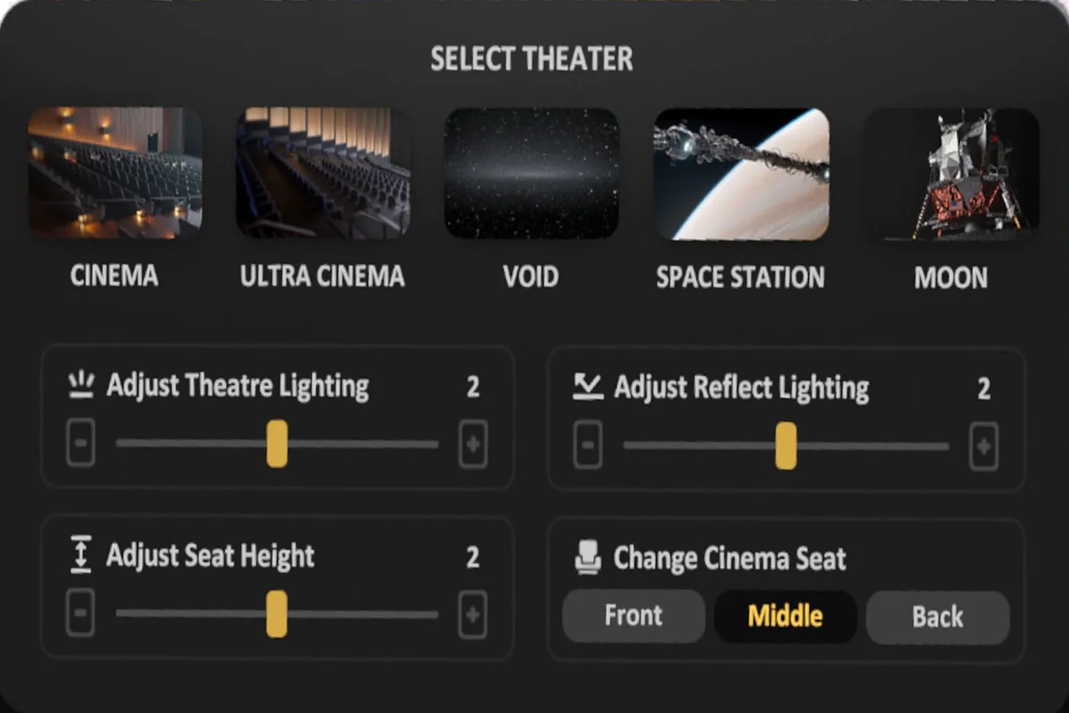 SKYBOX cinema scene selection screen allowing users to switch between viewing environments such as Void, Space, and Moon.