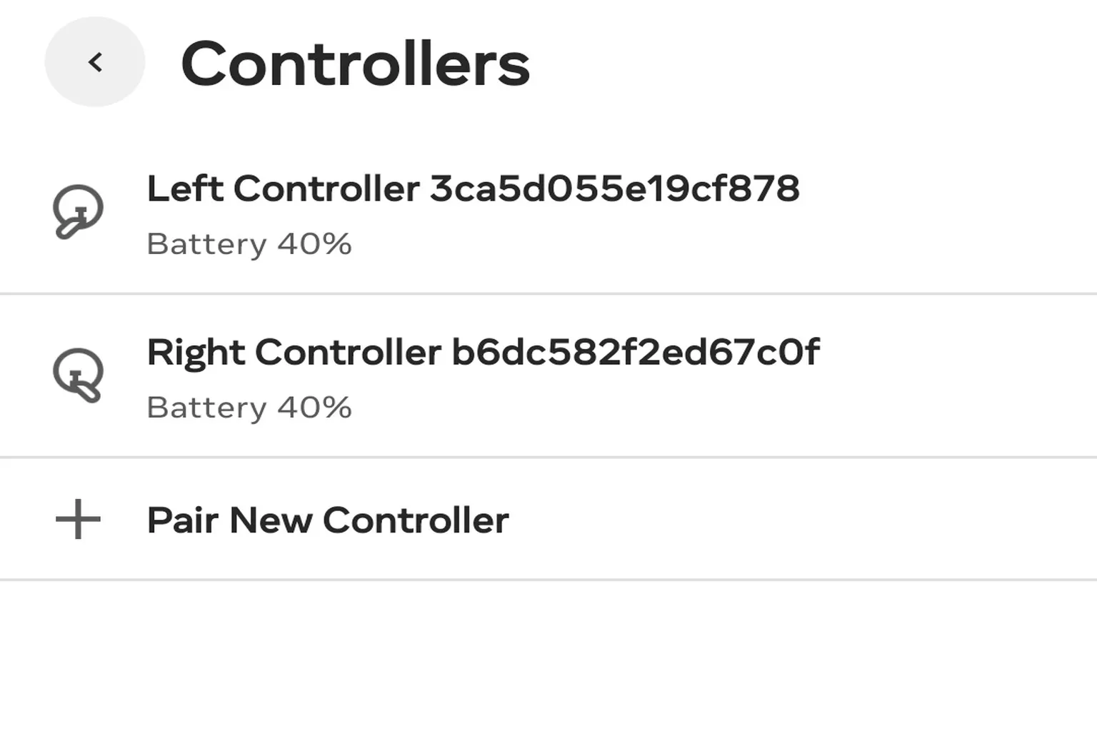 Meta Quest controller pairing completion screen showing both controllers successfully connected with battery status displayed.