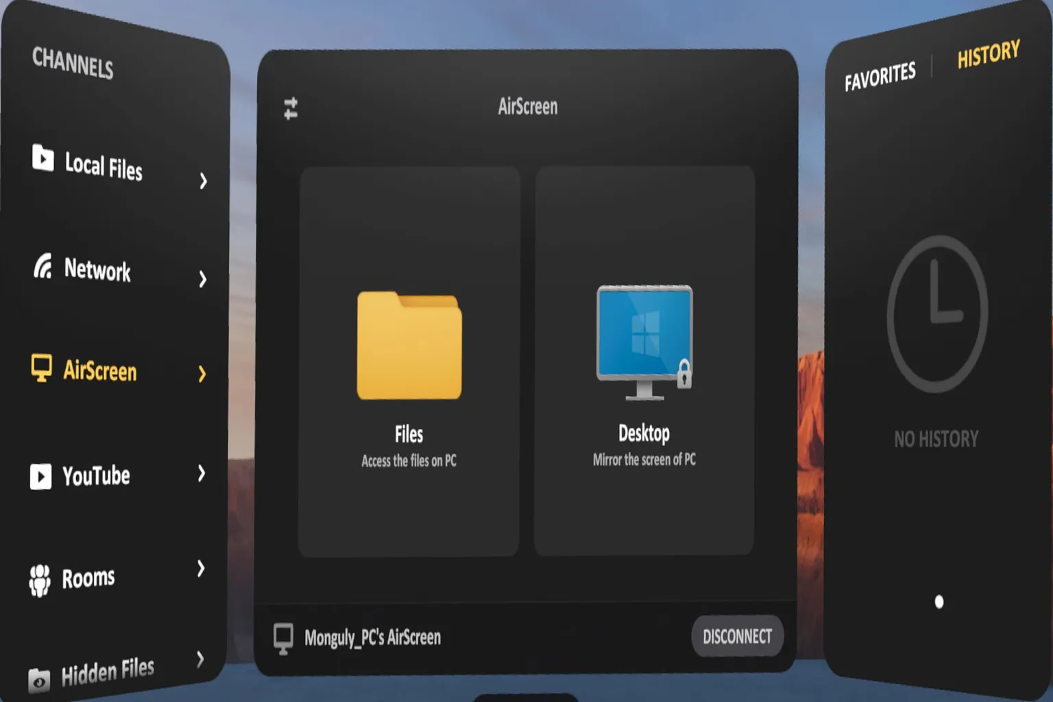 AirScreen mode offering two options—File and Desktop—where File mode allows direct playback from PC folders