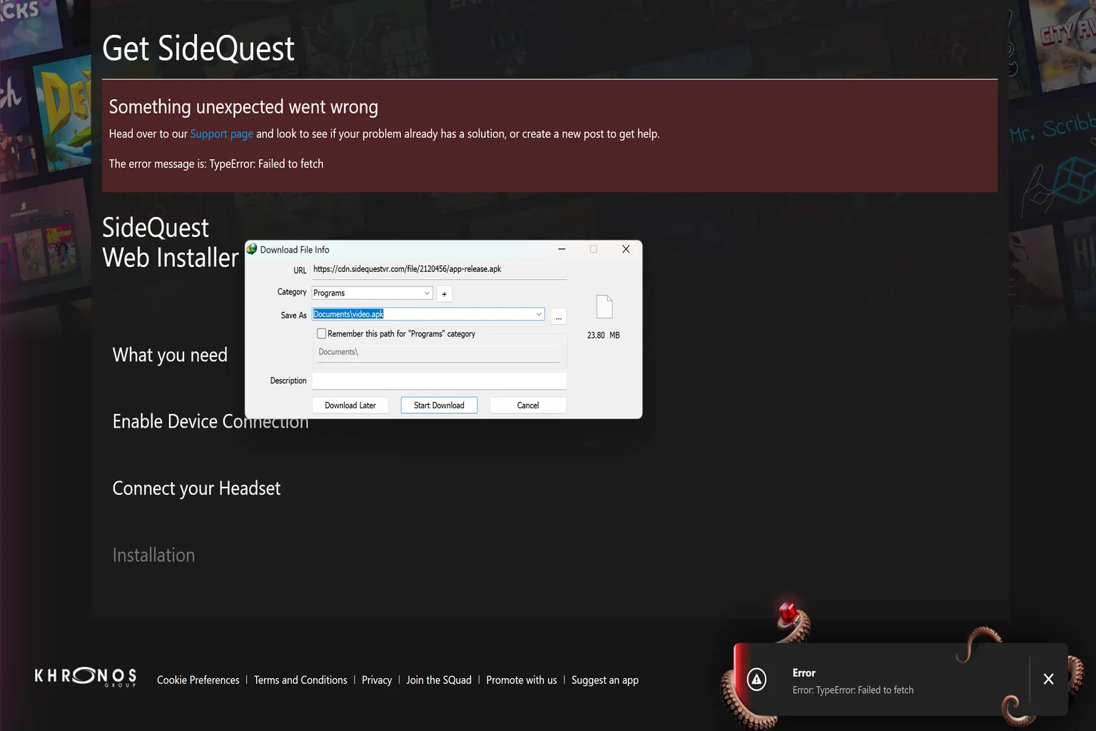SideQuest installation failure screen showing the error message “TypeError: Failed to fetch”.