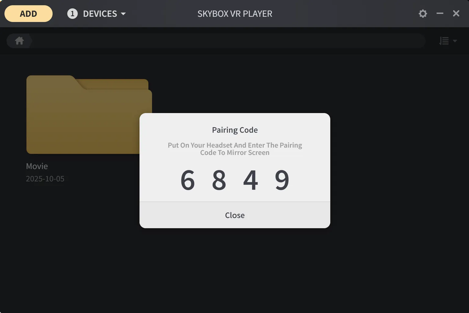 Pairing code “6849” displayed on the PC-side SKYBOX app, waiting for the VR device to enter it to complete AirScreen connection