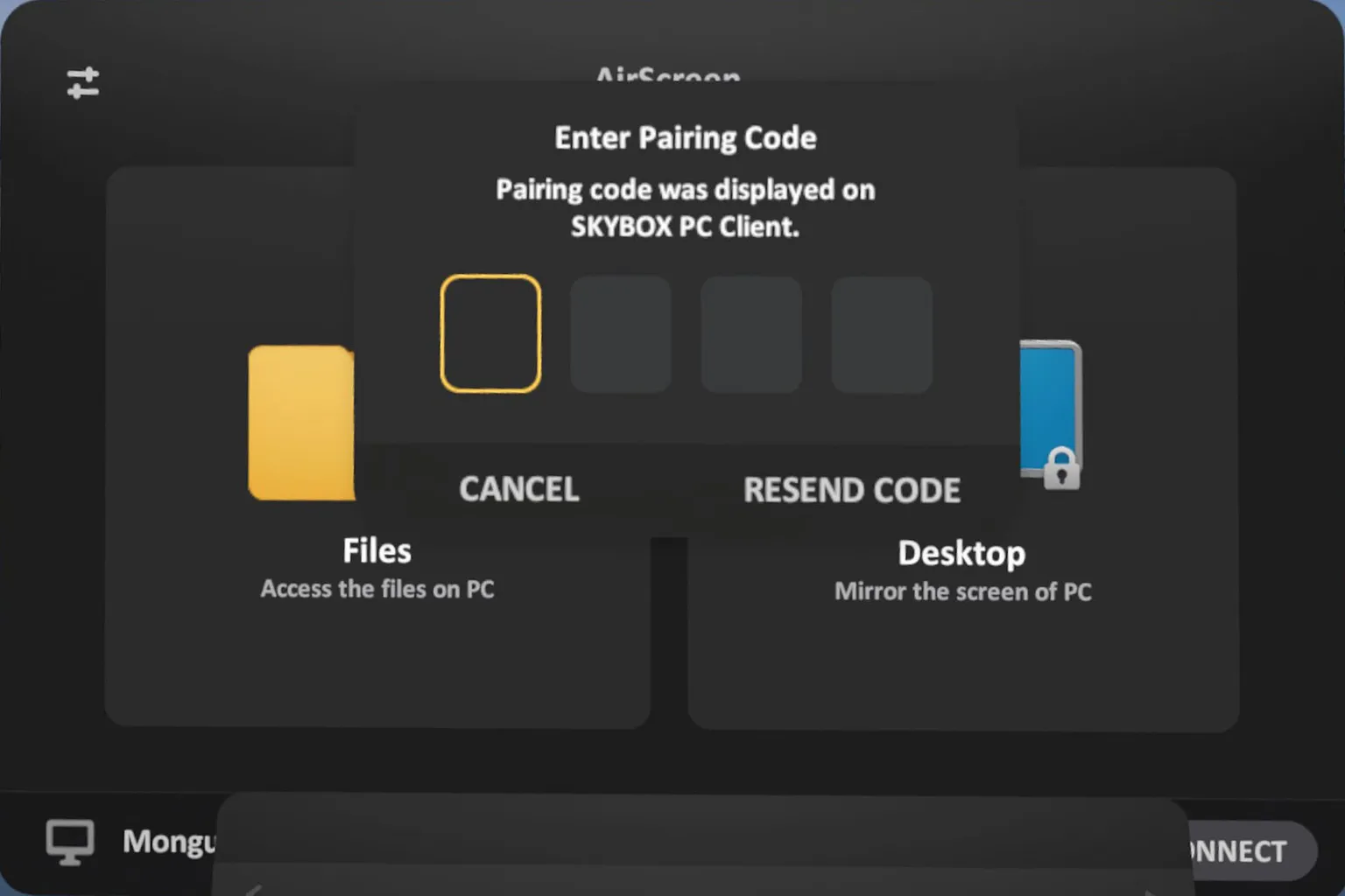 Entering the pairing code shown on the PC into the headset to complete AirScreen pairing