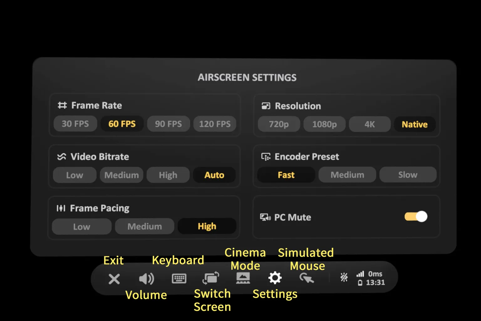 Desktop mirroring mode enabled, showing the PC’s actual screen inside the VR headset and allowing direct interaction with the desktop UI
