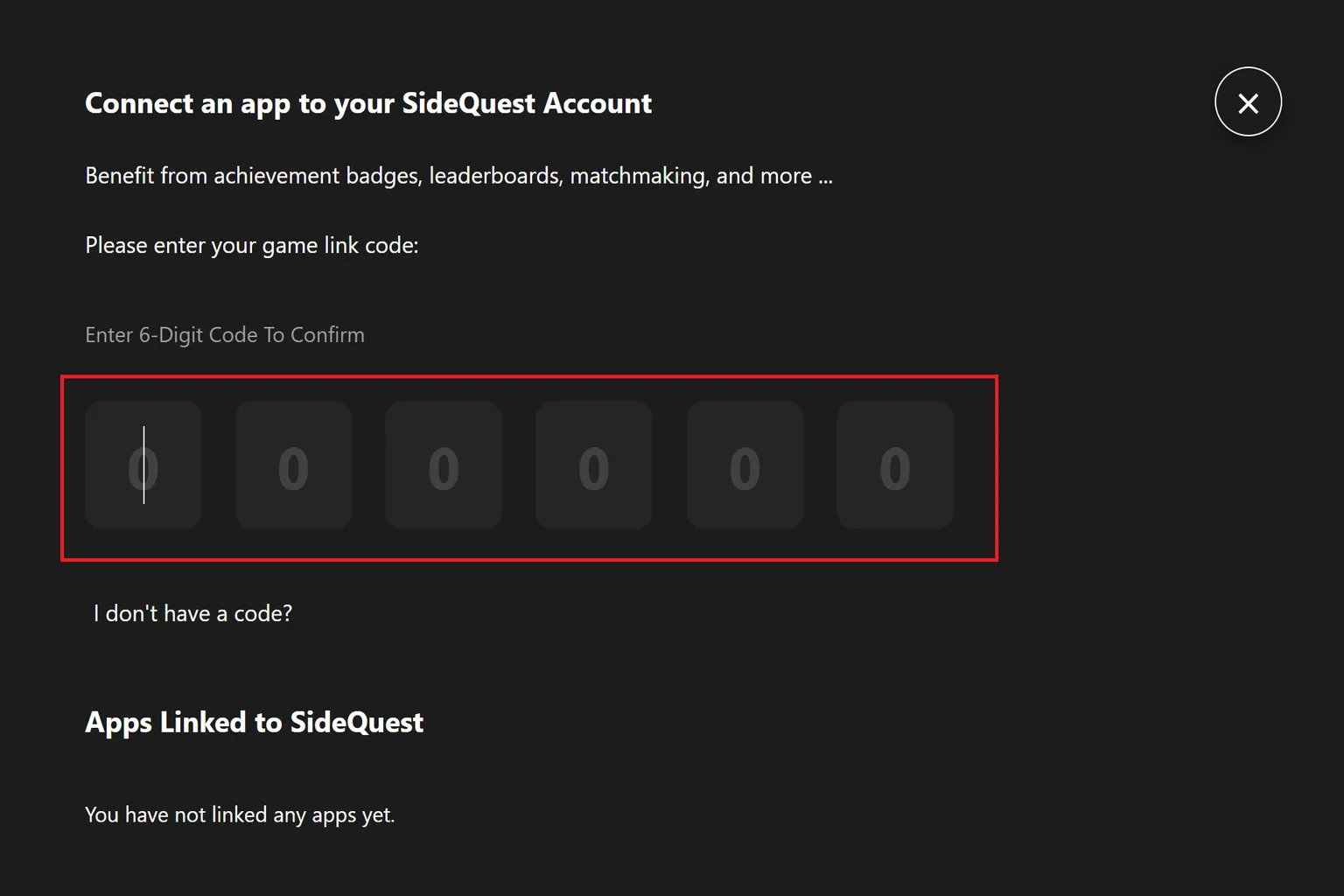 Screen where the user enters the six-digit pairing code to link the SideQuest account with the device.