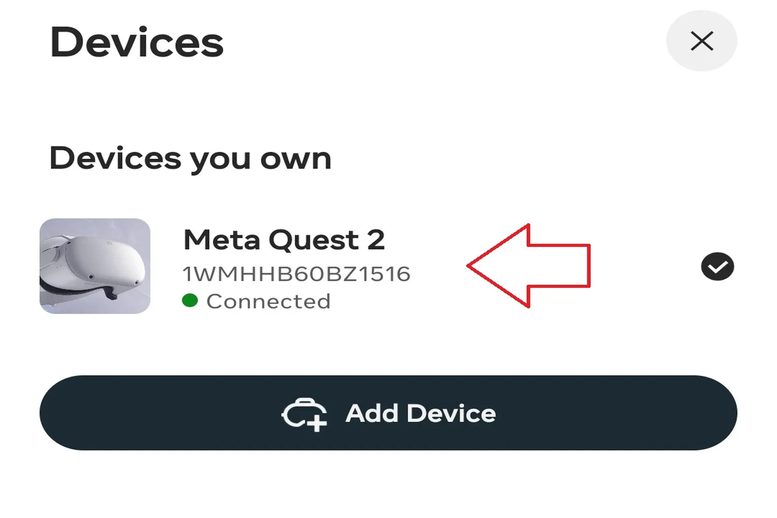 Select your Meta Quest from the device list and confirm that the connection is completed successfully