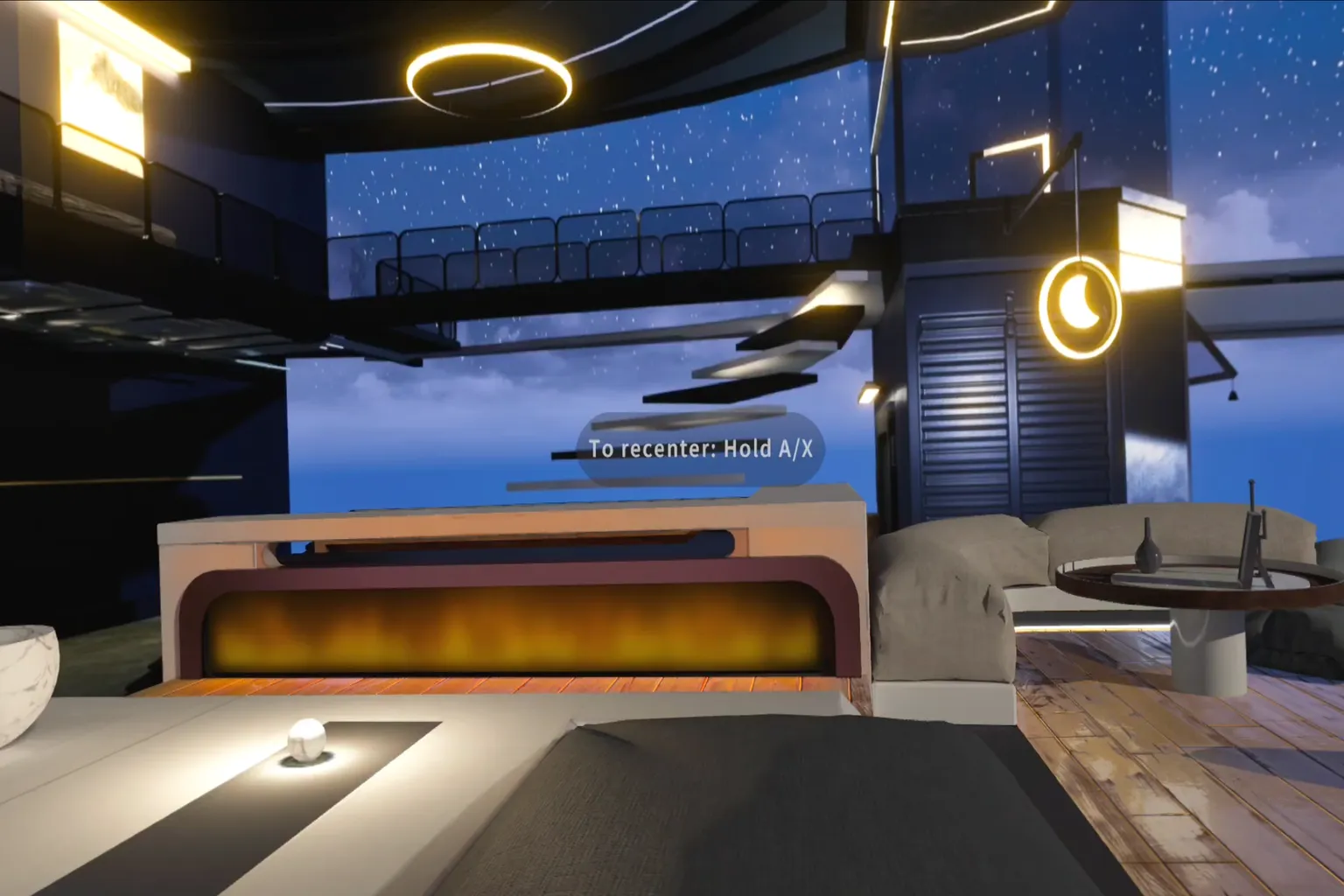 MOON VR Player virtual theater scene with a starry sky and space platform background, featuring an indoor setup with a fireplace and sofa seating.