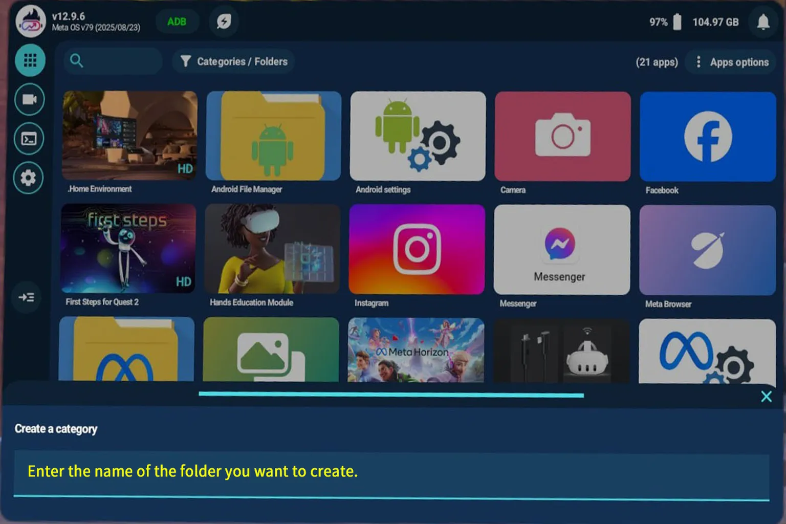QGO interface showing the user entering a new category folder name “game” to begin category management.