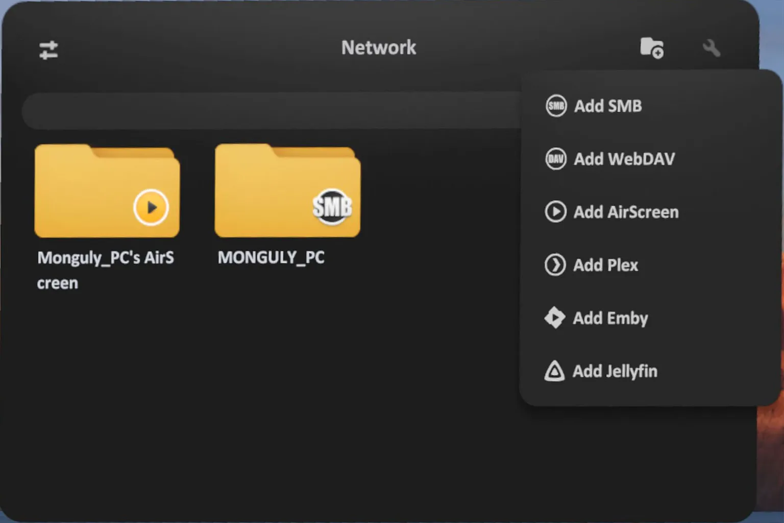 The SKYBOX network source add menu, where three connection methods—SMB, WebDAV, and AirScreen—are available to choose from.