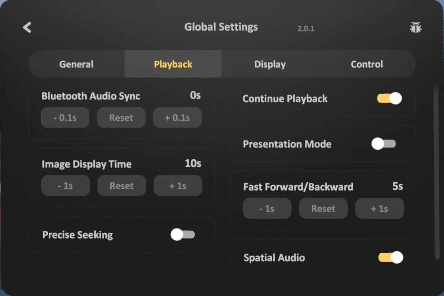 On the SKYBOX Playback Settings page, options such as Bluetooth audio sync, fast-forward interval, and demo mode can be adjusted.