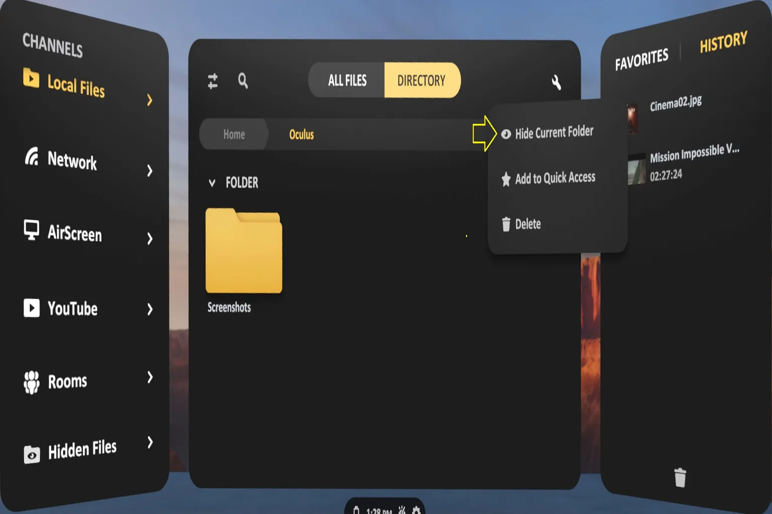 SKYBOX displaying the contents of the Oculus/VideoShots folder, with options to select files and hide the folder.