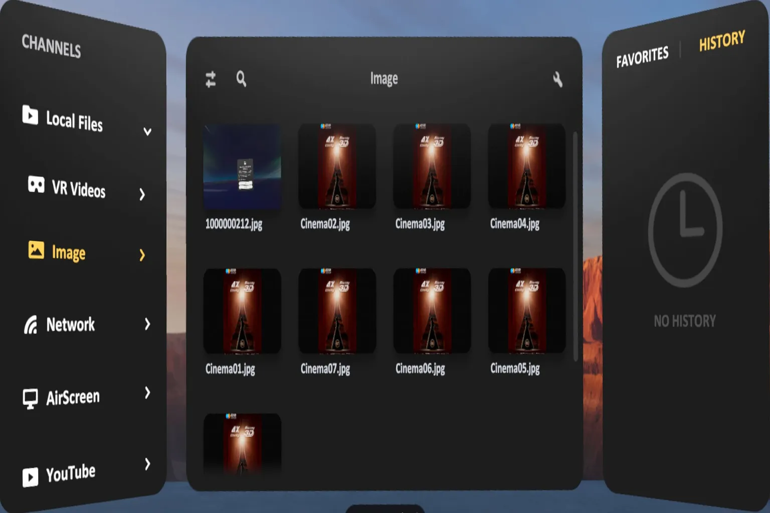 SKYBOX VR local files screen displaying the headset’s “Screenshots” folder and video thumbnails