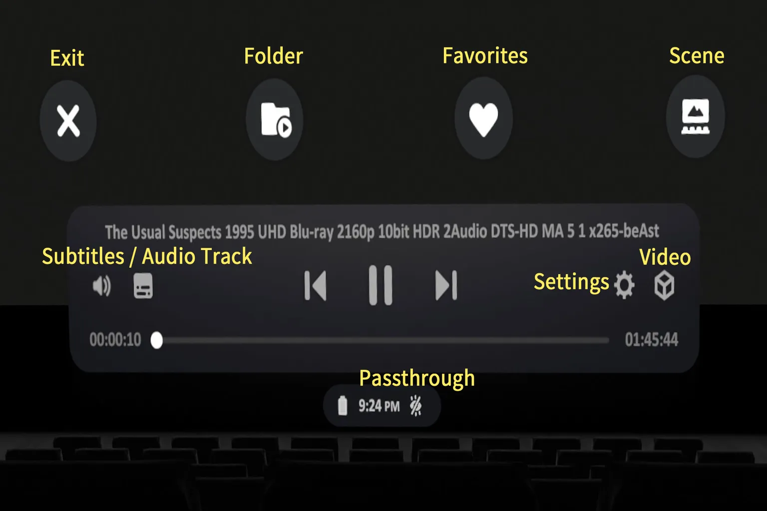 SKYBOX playback menu screen displaying subtitles, audio tracks, settings, favorites, and scene switching options.