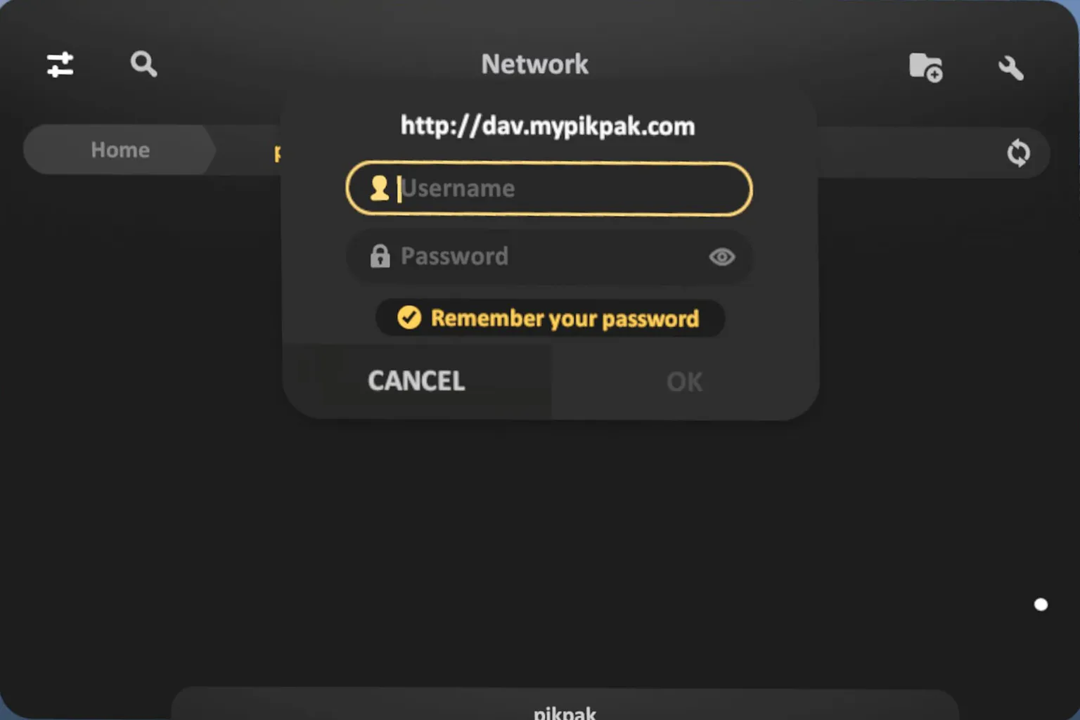 Logging in to WebDAV in SKYBOX by entering a username and password, with the option to remember login credentials