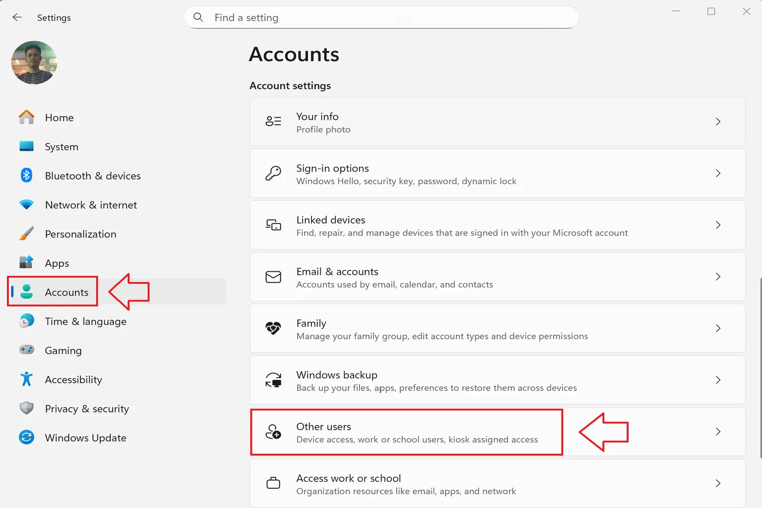 Opening the account menu and preparing to add a new local user