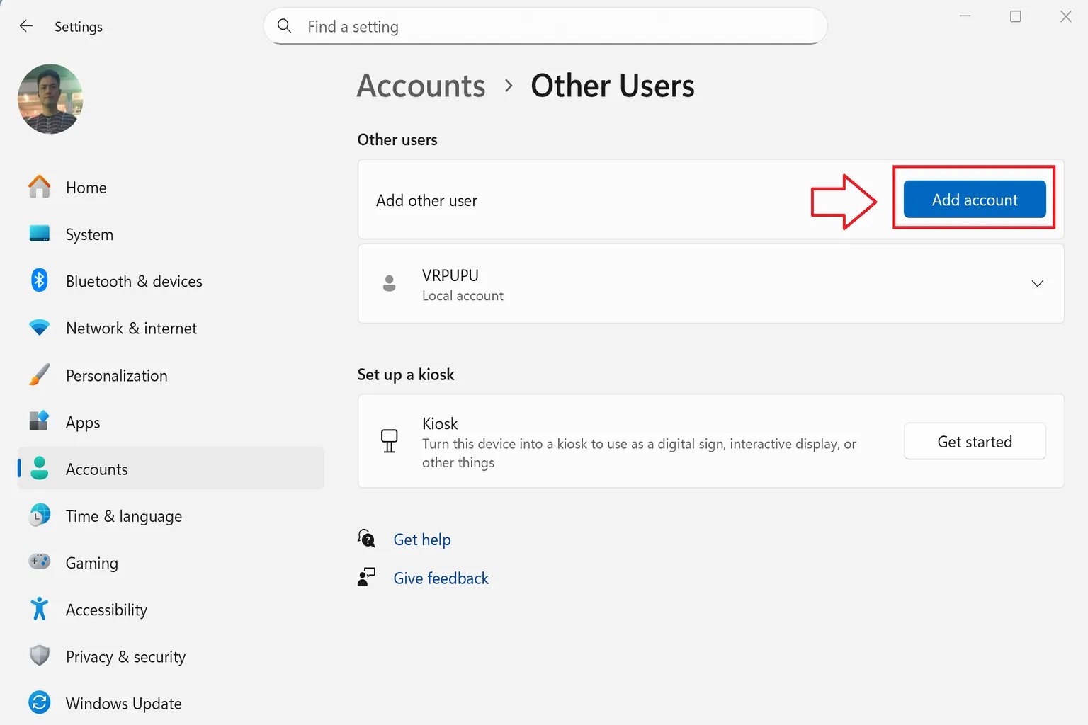 Clicking “Add account” to begin creating a playback-only user account.