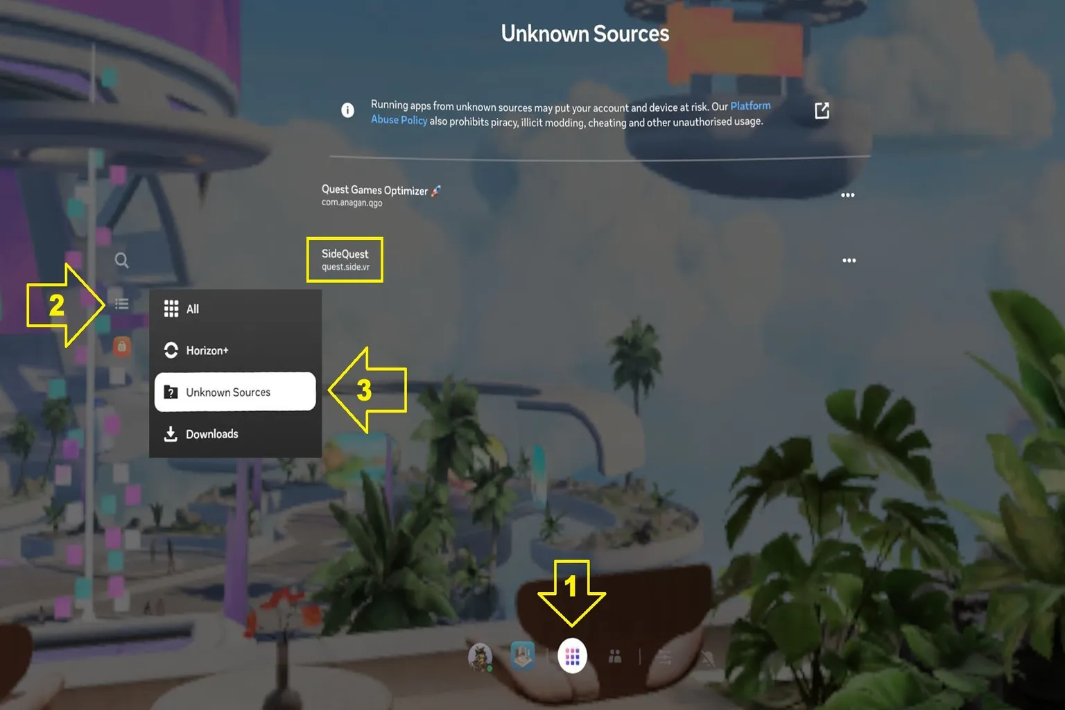 “Unknown Sources” app list with the SideQuest app highlighted and ready to be opened.