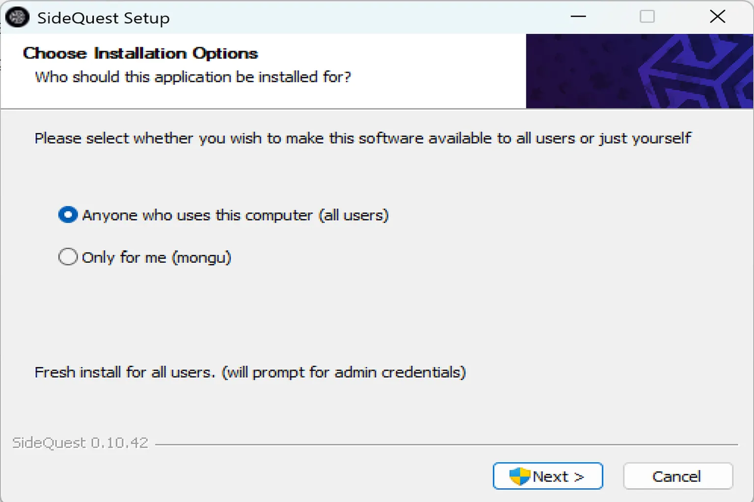 SideQuest installer screen with the option “Install for all users” selected.