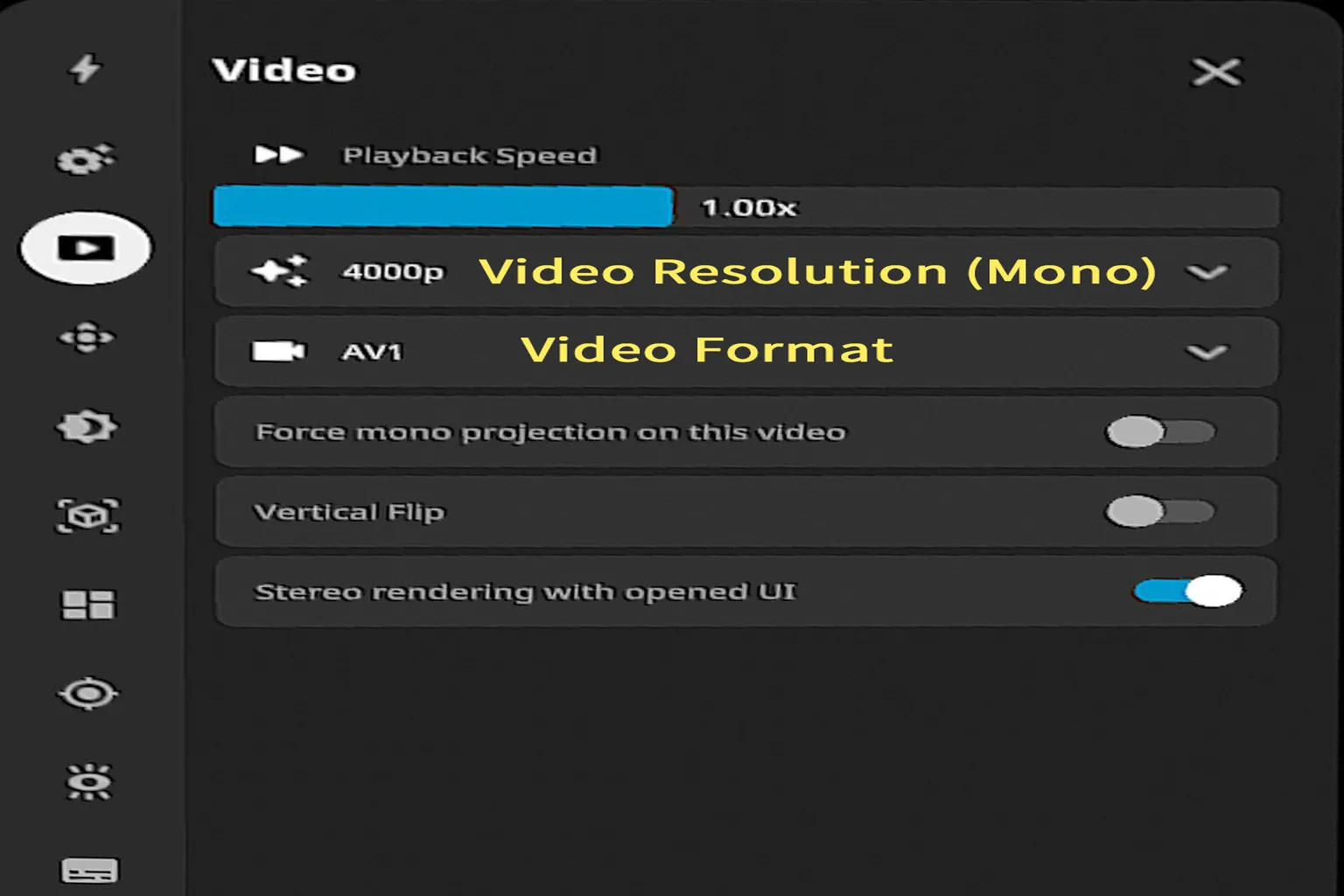 DEO VR video settings screen, supporting video format switching, encoding adjustments, and synchronized rendering while UI is displayed.