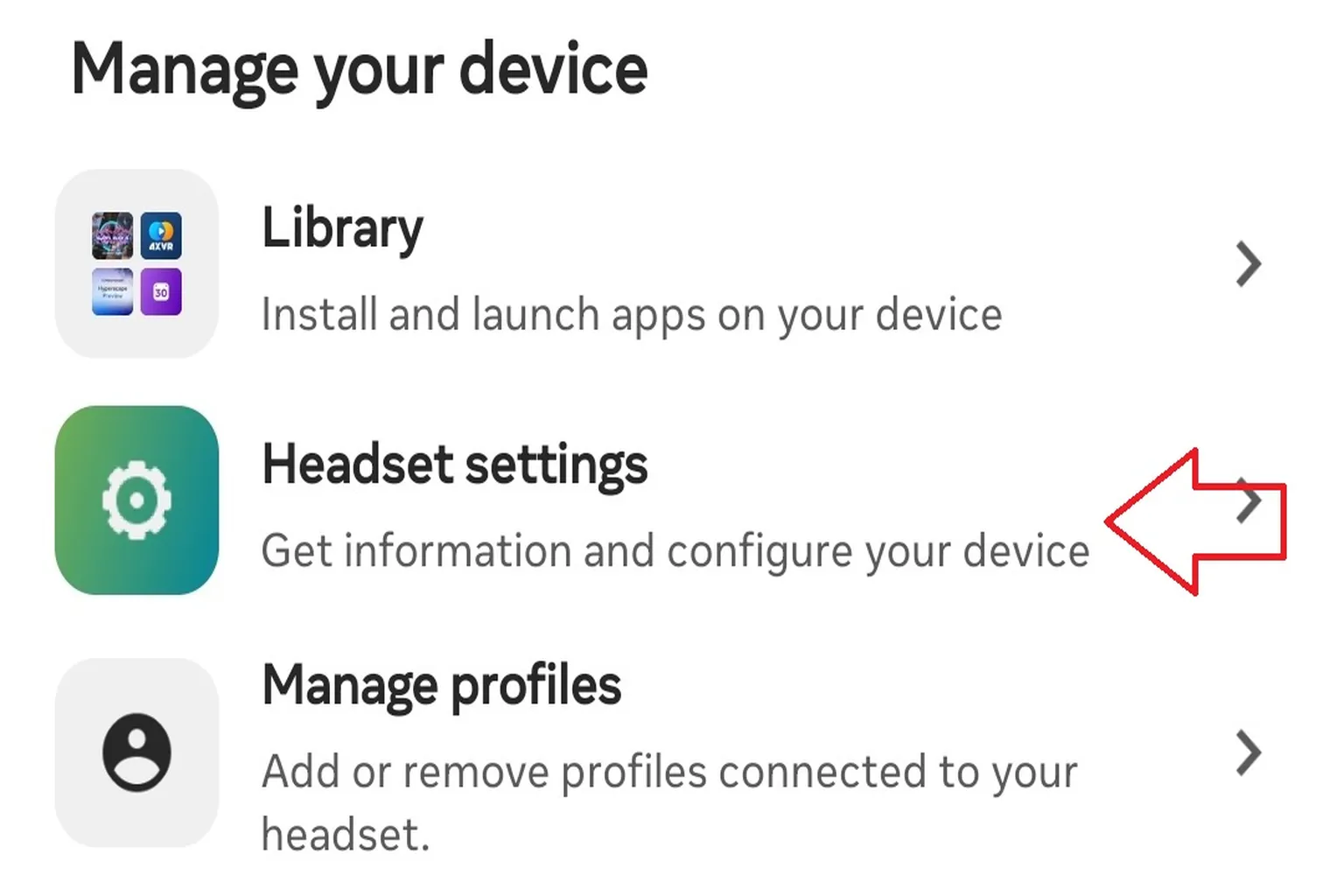 After selecting a device, the management menu displays the Headset Settings option.