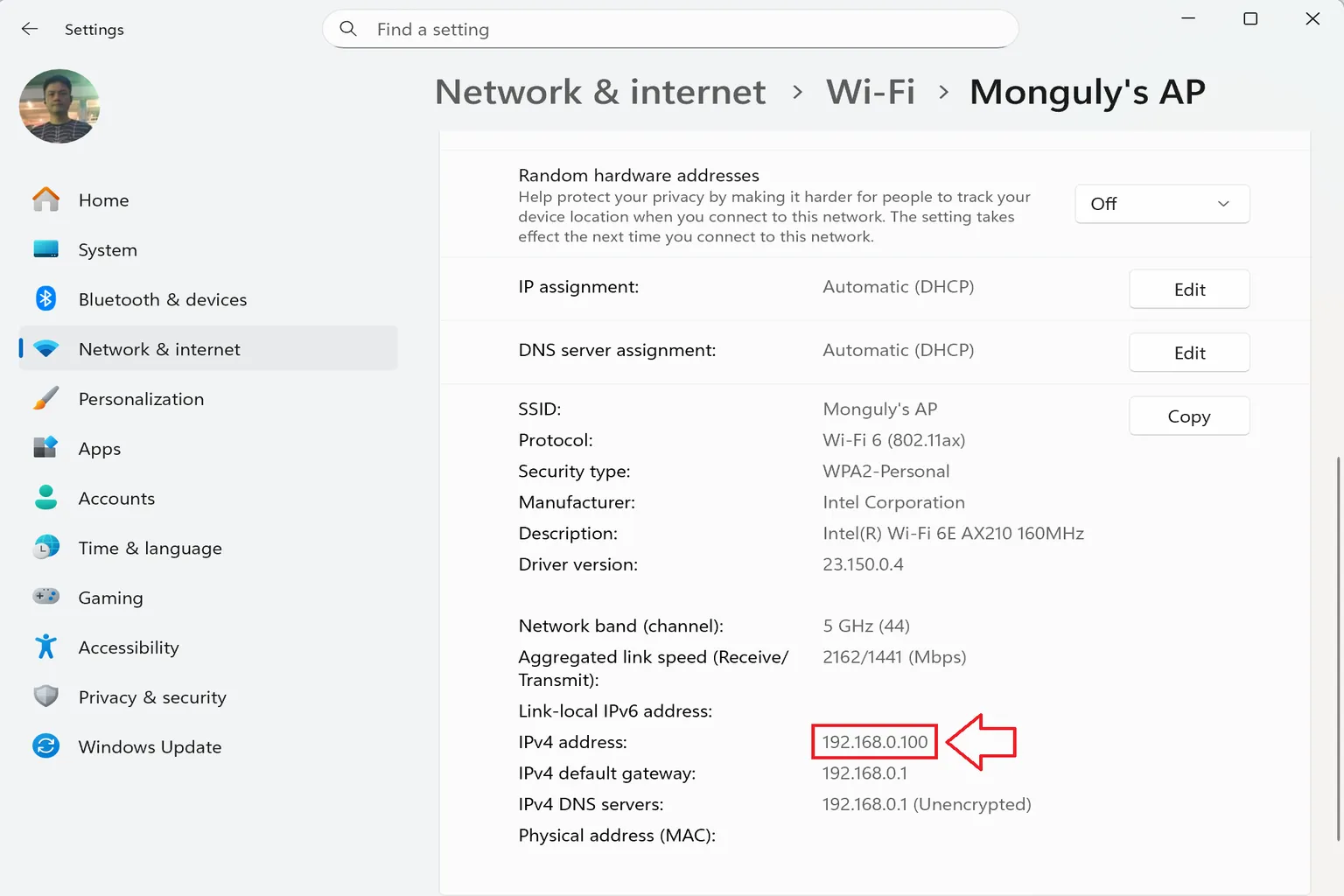 Example of viewing internal IP address information in Windows 11, such as “192.168.0.100”