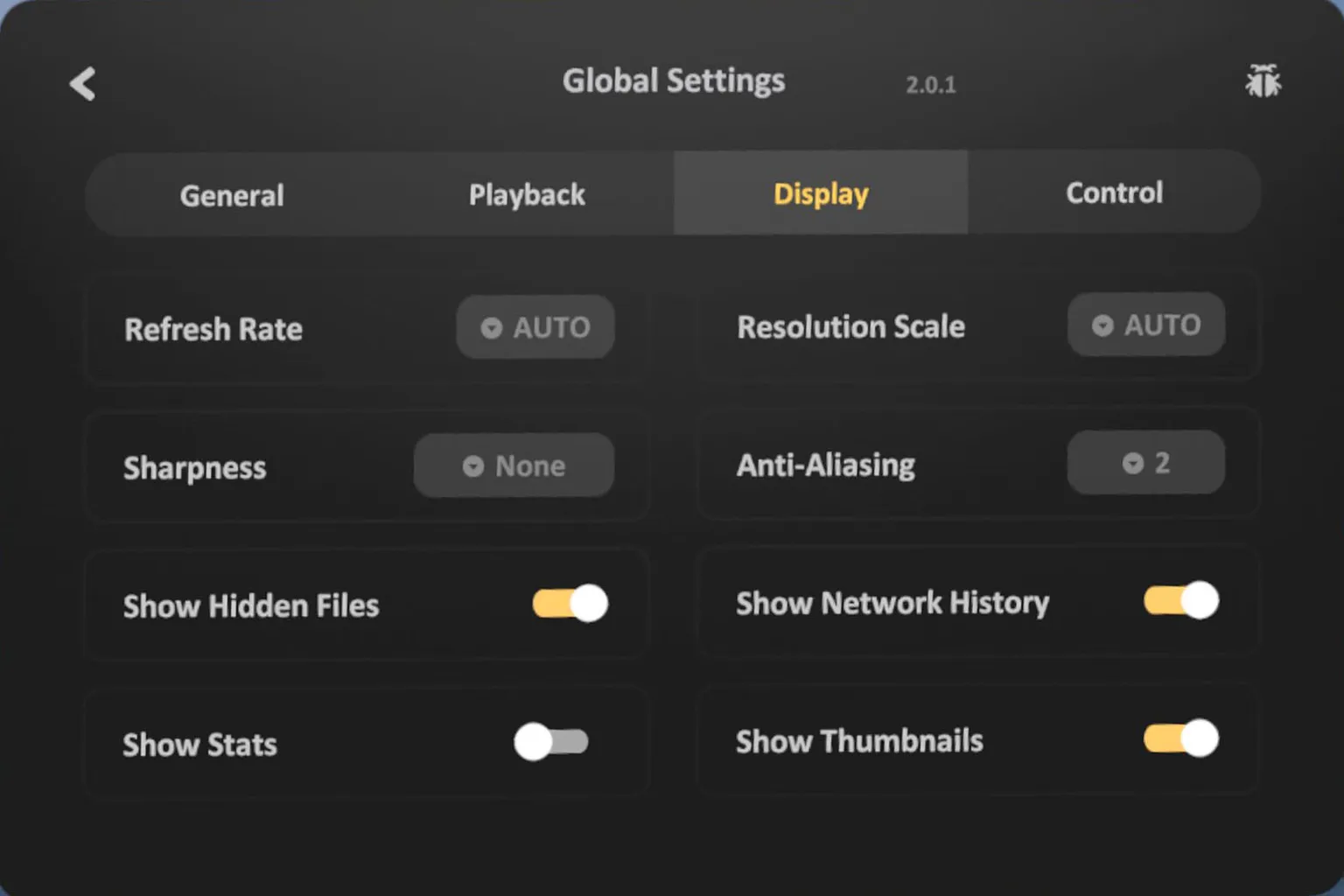 The SKYBOX Display Settings page includes options for showing hidden folders, anti-aliasing, and resolution scaling.