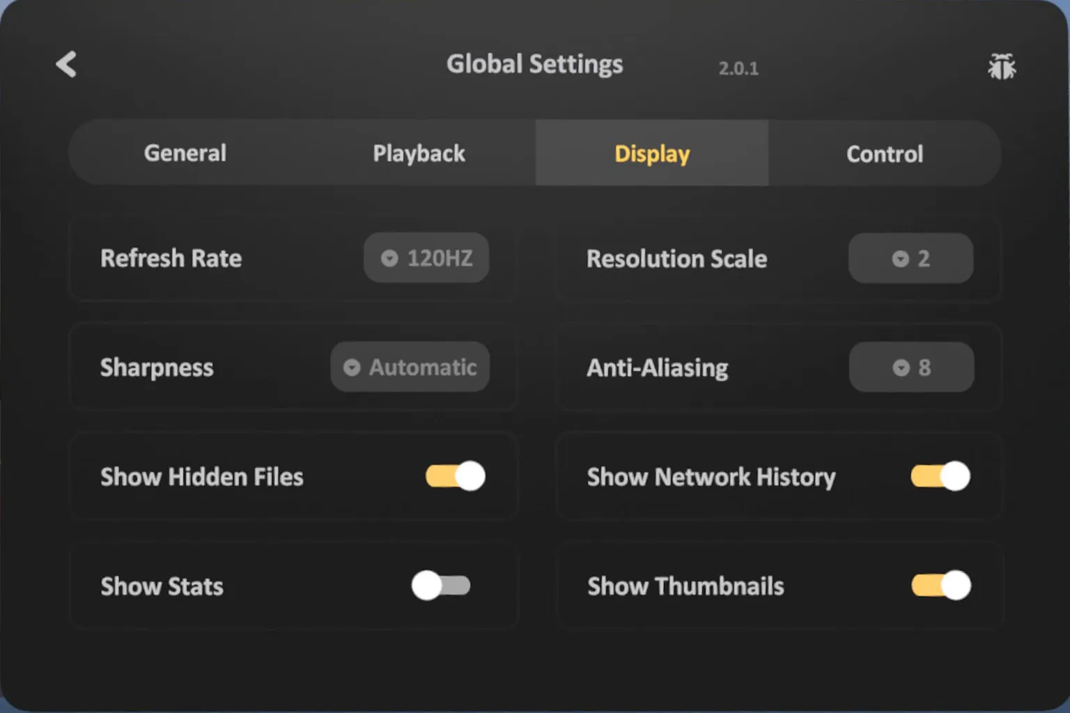 SKYBOX VR display settings page showing adjustable options such as 120Hz refresh rate, sharpness, anti-aliasing, and performance statistics, available only in Plus mode.