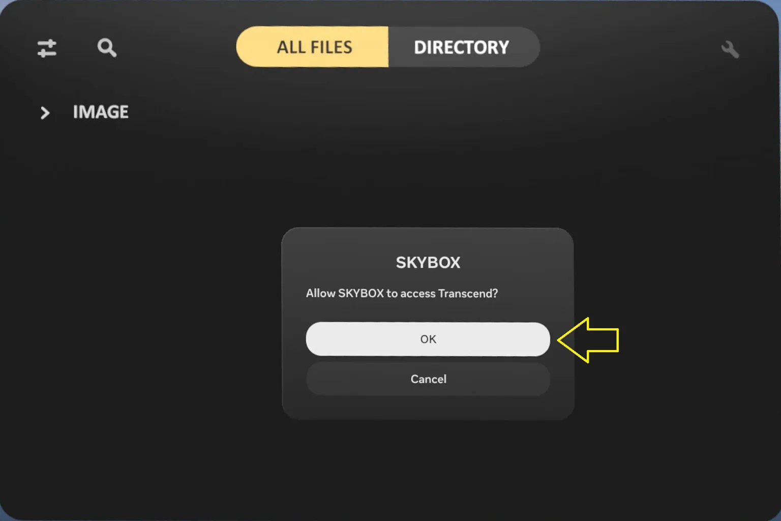 SKYBOX permission pop-up asking whether to allow access to the connected Transcend USB device